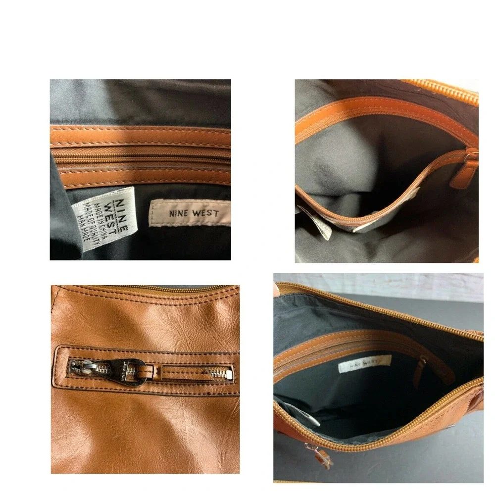 Retro NINE WEST Brown‎ Faux Leather Purse Medium Lined Zip Cognac Shoulder Bag